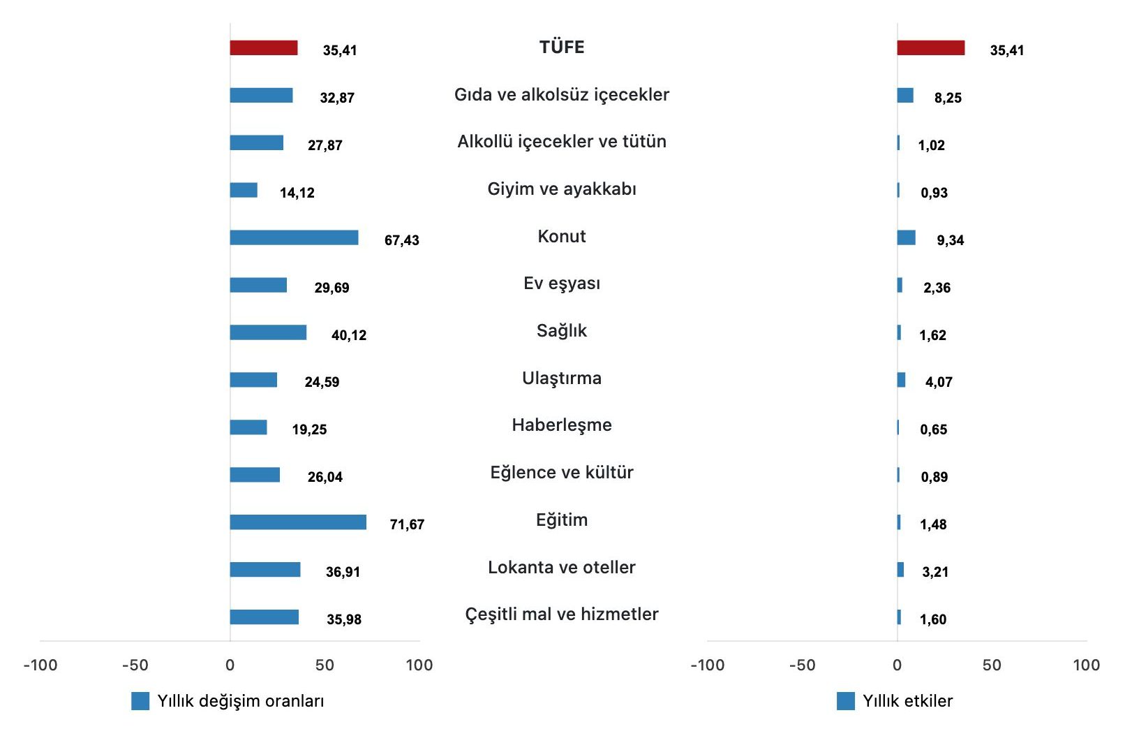TÜFE ana harcama gruplarının yıllık değişim oranları ve genel endeks değişimine etkileri(%), Mayıs 2025