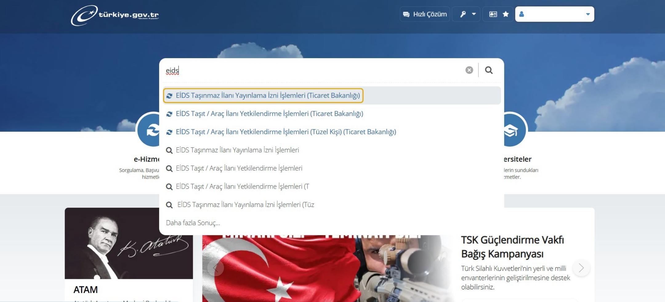 Ticaret Bakanlığı'nın hizmeti “EİDS Taşınmaz İlanı Yayınlama İzni İşlemleri”
