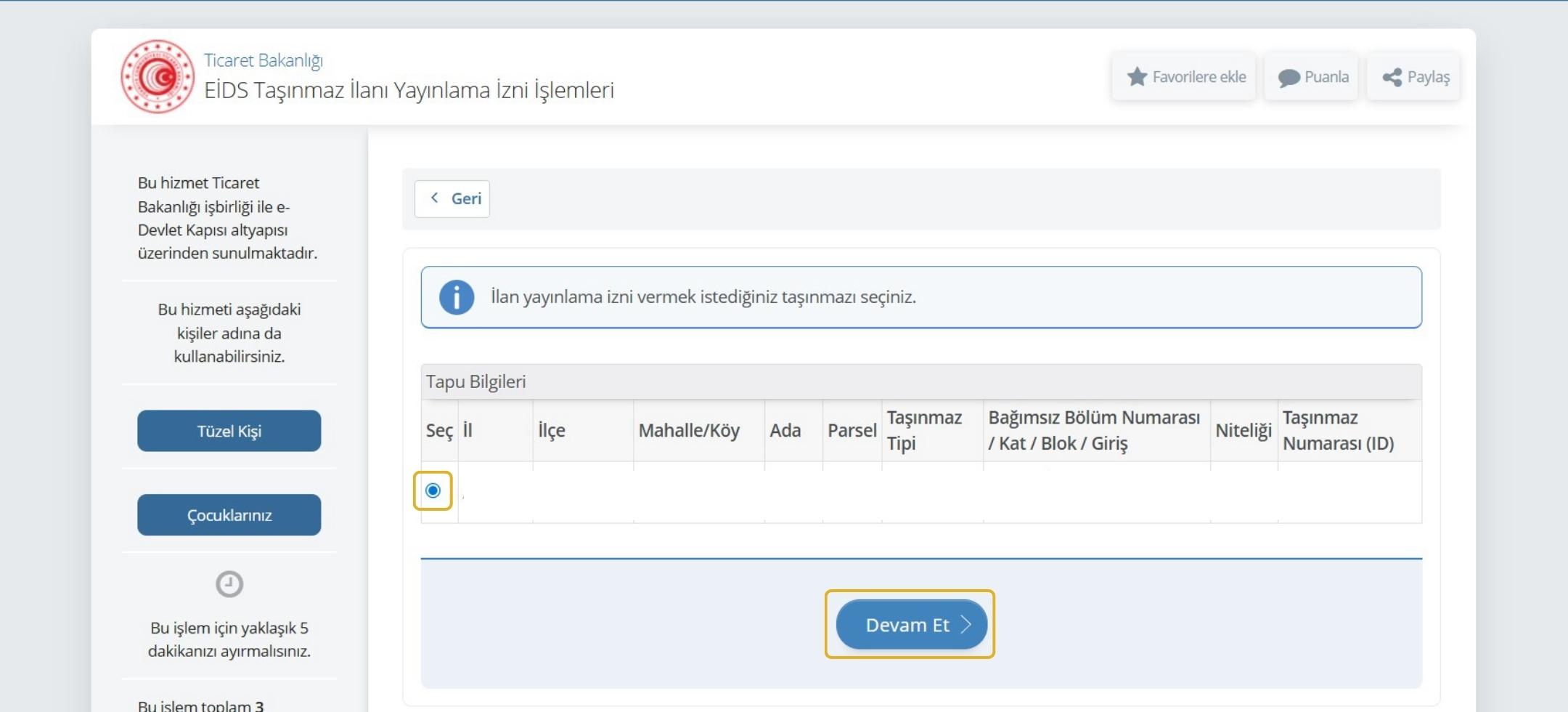 e-devletten yetki verilecek gayrimenkulün seçilmesi