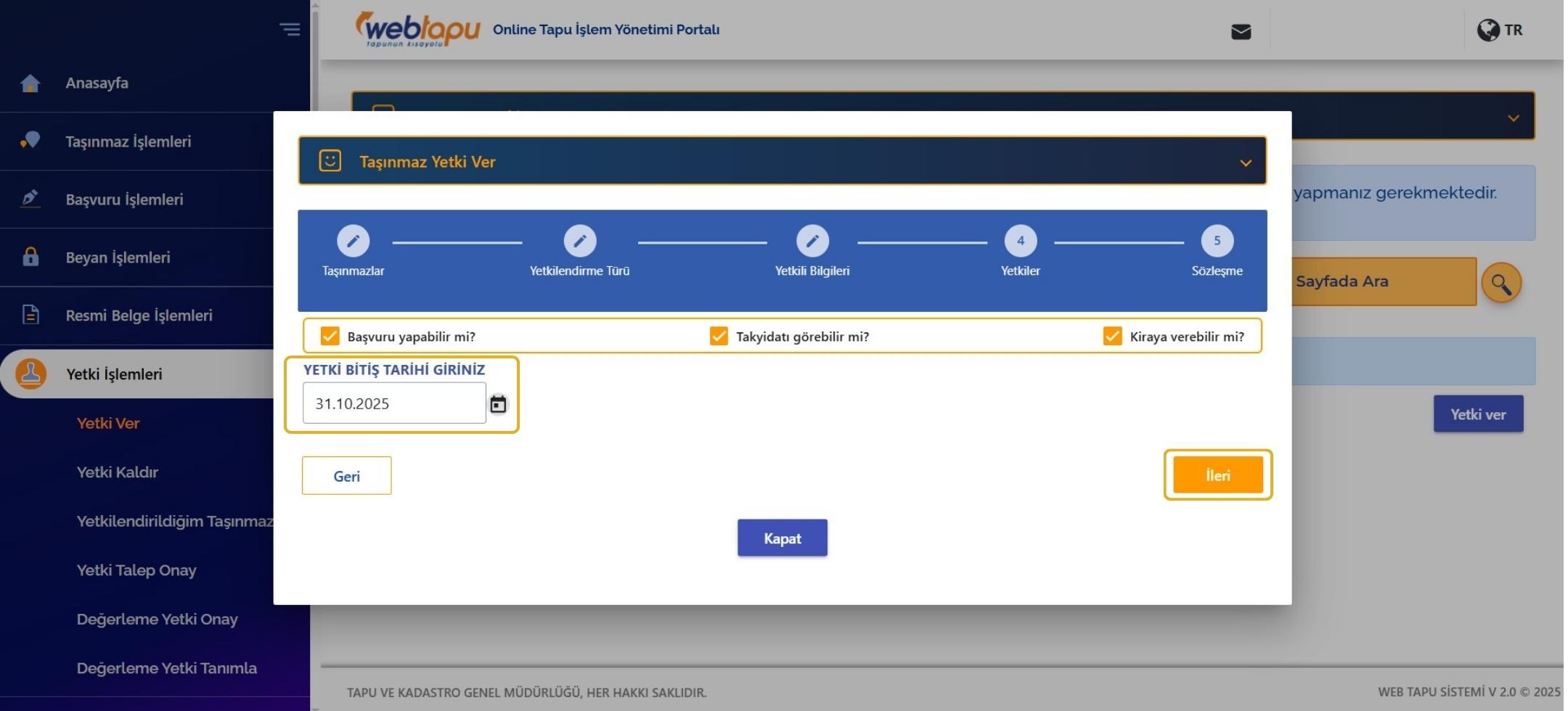 web tapu emlak yetki süresini belirleme