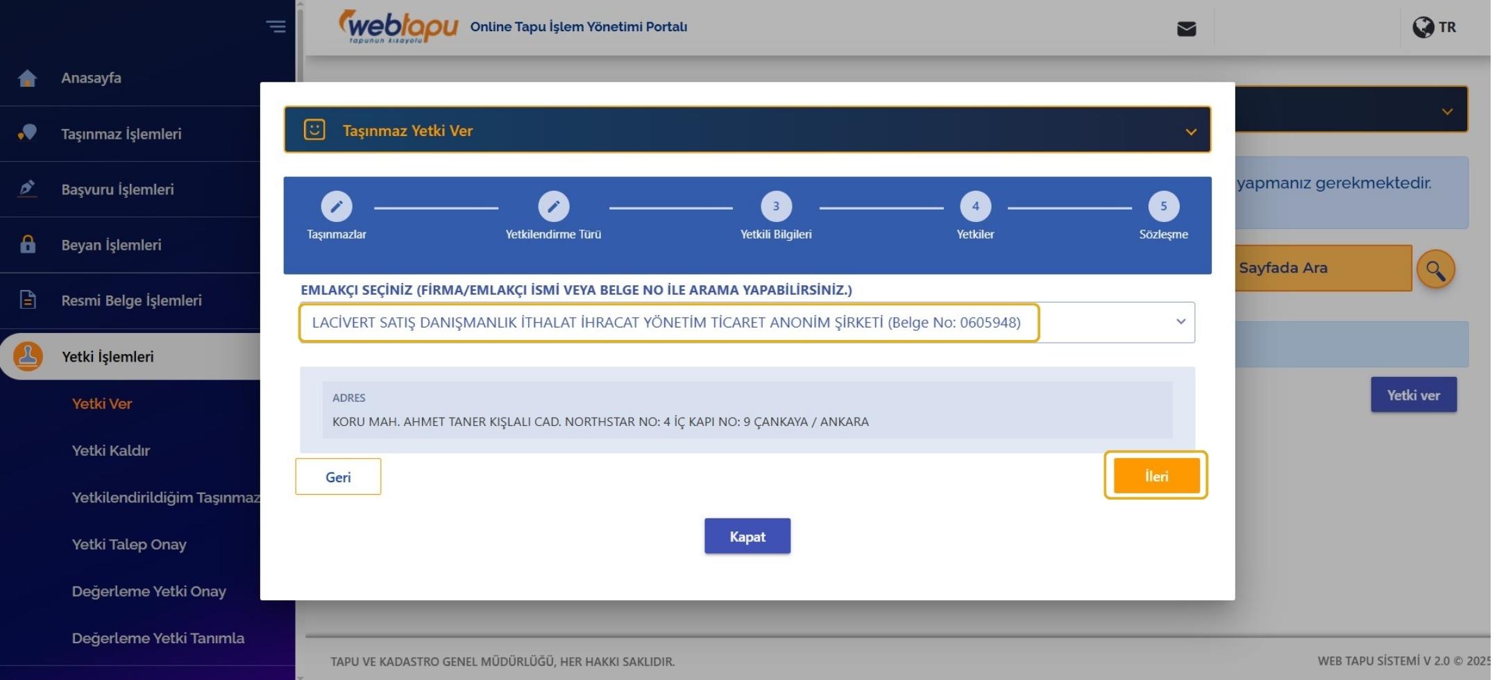 web tapu yetki verilecek emlak işletmesinin seçilmesi