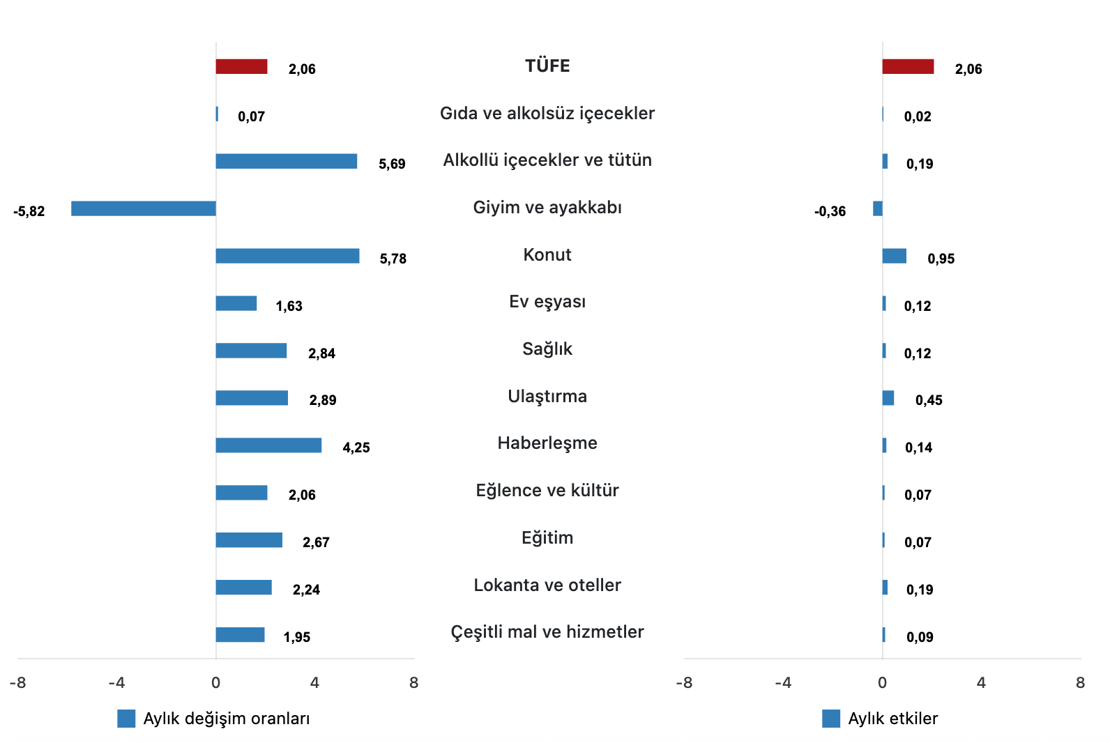 TÜFE ana harcama gruplarının aylık değişim oranları ve genel endeks değişimine etkileri (%), Temmuz 2025