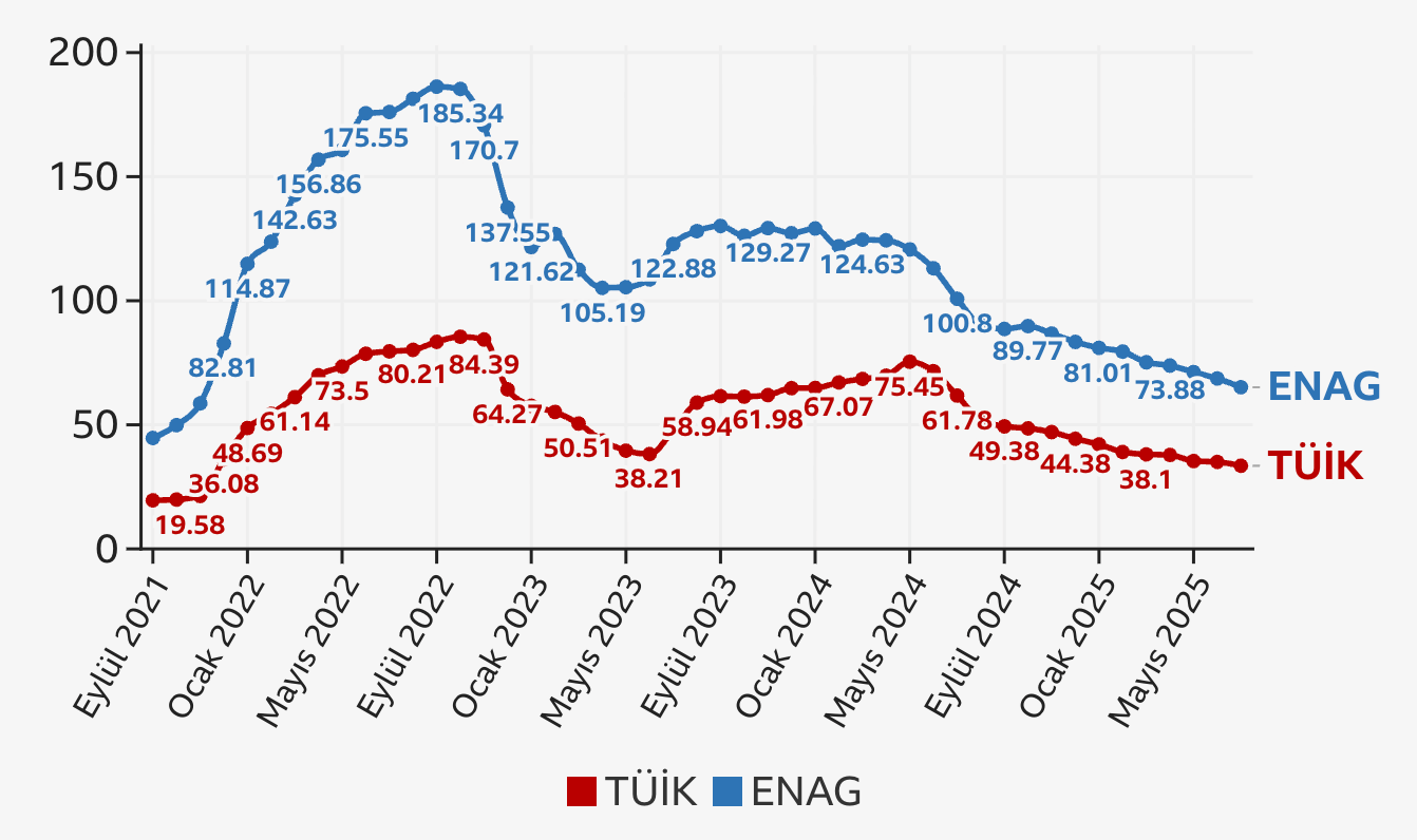 Aylara göre TÜİK ve ENAG enflasyon verileri karşılaştırma grafiği Temmuz 2025