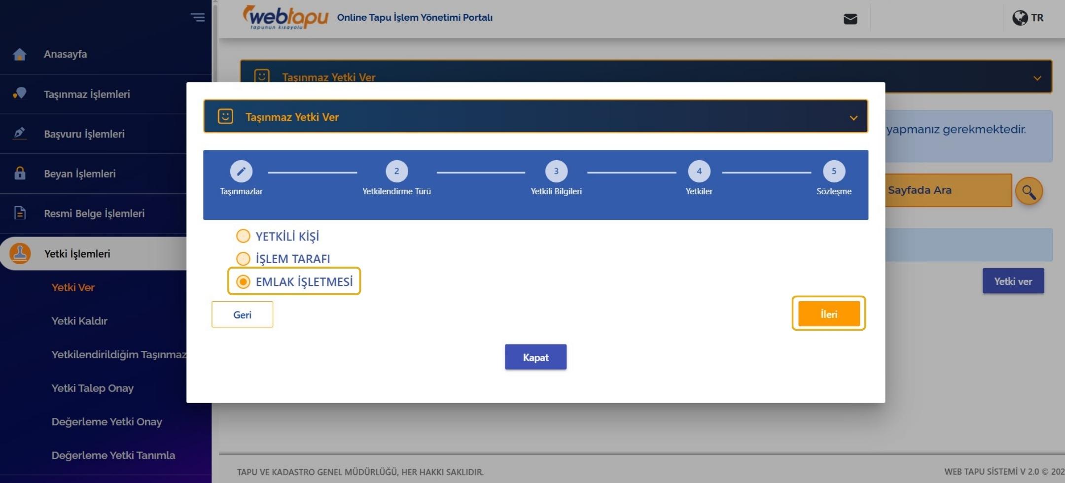 web tapu emlak işletmesine yetki verme