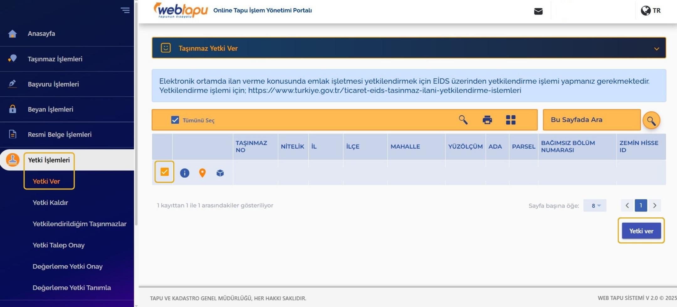 web tapu yetki işlemleri sayfası
