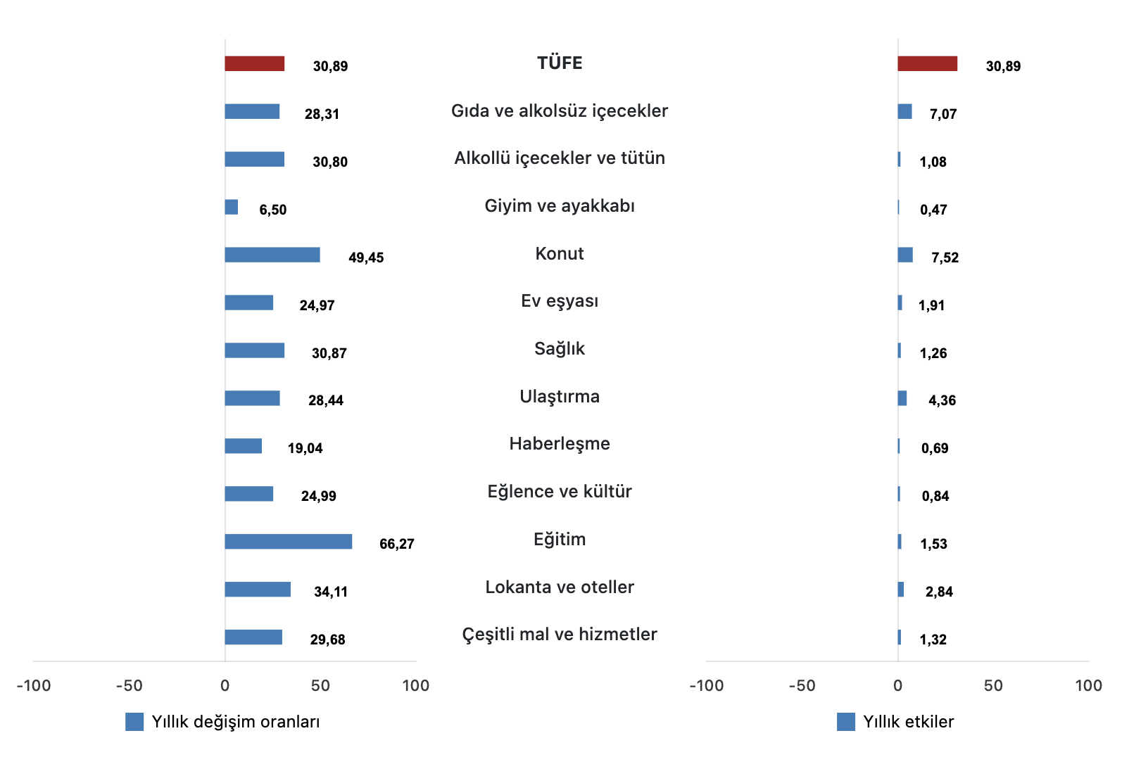TÜFE ana harcama gruplarının yıllık değişim oranları ve genel endeks değişimine etkileri Aralık 2025